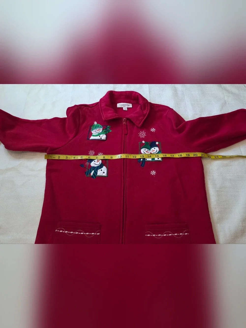 Vintage Breckenridge Christmas Snowmen Fleece Jacket Red Zip Size Petite Large
